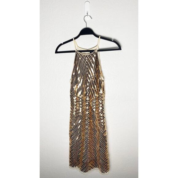 Lulus Womens Ace Of Spades Gold Sequin Halter Mini Dress Bodycon Formal Cocktail - Picture 2 of 10